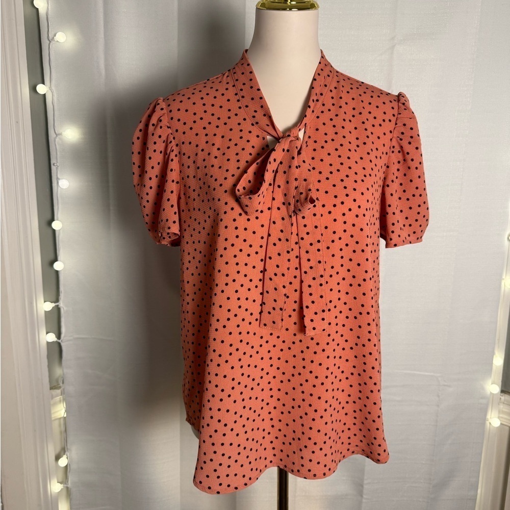 O L M Black and Orange Puff Sleeve Blouse with Tie Front